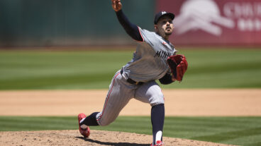 Pablo López of the Minnesota Twins pitches against the Oakland Athletics in the bottom of the fifth inning at the Oakland Coliseum.