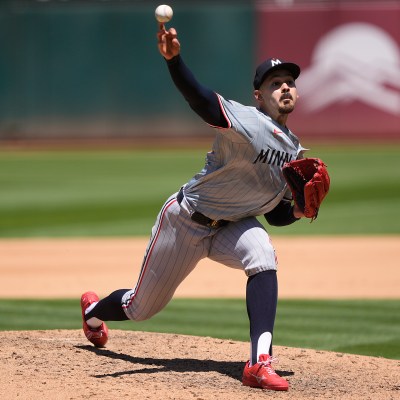 Pablo López of the Minnesota Twins pitches against the Oakland Athletics in the bottom of the fifth inning at the Oakland Coliseum.