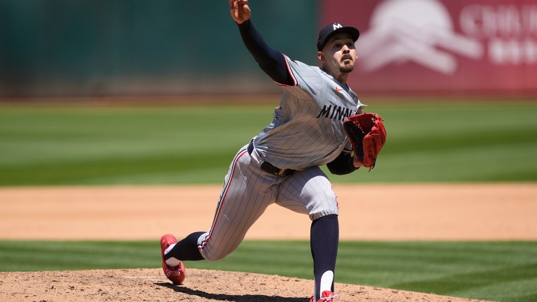 Pablo López of the Minnesota Twins pitches against the Oakland Athletics in the bottom of the fifth inning at the Oakland Coliseum.