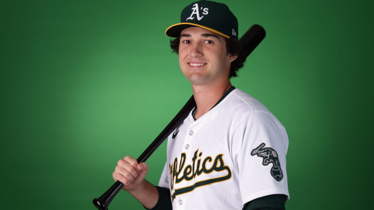 Jacob Wilson of the Oakland Athletics poses for a portrait during photo day at HoHoKam Stadium.