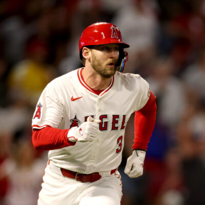 Taylor Ward of the Los Angeles Angels runs to first base after hitting a two RBI double during the seventh inning against the Detroit Tigers at Angel Stadium.