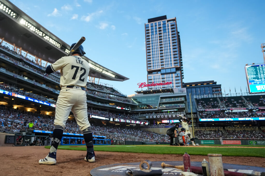 Brooks Lee of the Minnesota Twins looks on during his major league debut against the Detroit Tigers at Target Field.