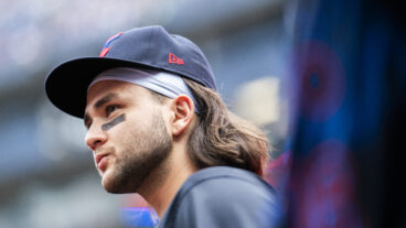 Bo Bichette #11 of Toronto Blue Jays looks on from the dugout before playing the Houston Astros in their MLB game at the Rogers Centre.