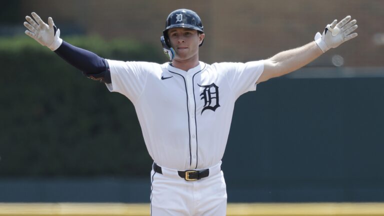 Colt Keith #33 of the Detroit Tigers celebrates his two-RBI double against the Los Angeles Dodgers during the second inning at Comerica Park.