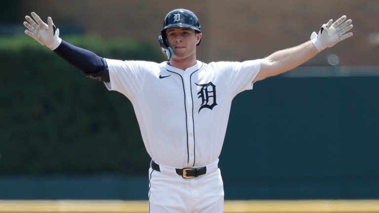 Colt Keith #33 of the Detroit Tigers celebrates his two-RBI double against the Los Angeles Dodgers during the second inning at Comerica Park.