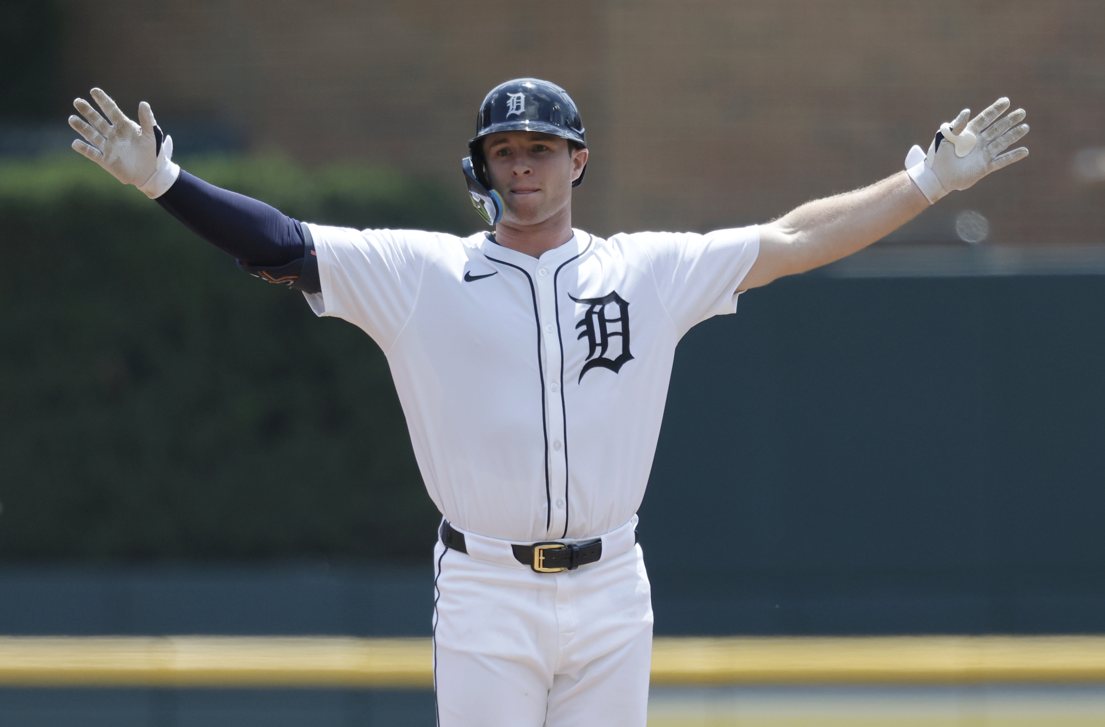 Colt Keith #33 of the Detroit Tigers celebrates his two-RBI double against the Los Angeles Dodgers during the second inning at Comerica Park.