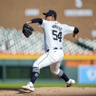 DETROIT, MICHIGAN - JULY 08: Keider Montero #54 of the Detroit Tigers delivers a pitch against the Cleveland Guardians at Comerica Park on July 08, 2024 in Detroit, Michigan. (Photo by Nic Antaya/Getty Images)