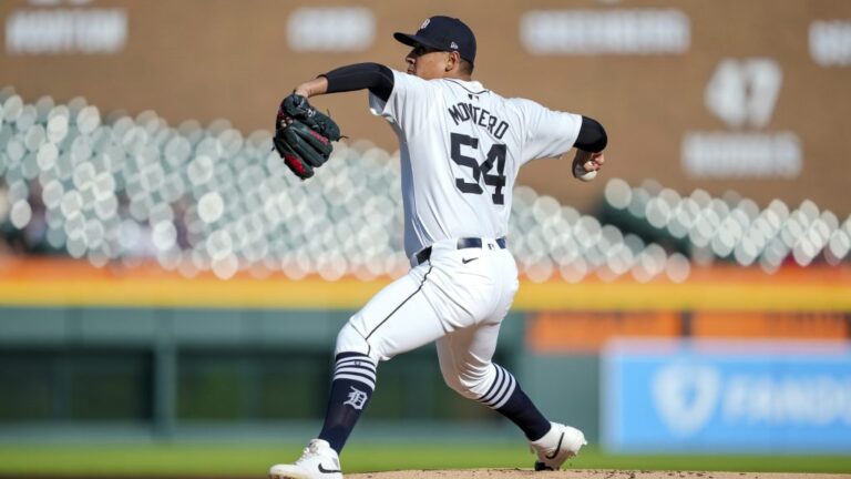 DETROIT, MICHIGAN - JULY 08: Keider Montero #54 of the Detroit Tigers delivers a pitch against the Cleveland Guardians at Comerica Park on July 08, 2024 in Detroit, Michigan. (Photo by Nic Antaya/Getty Images)