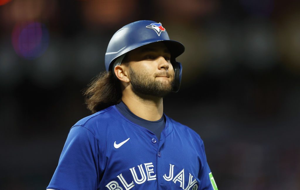 Bo Bichette of the Toronto Blue Jays looks on during the game against the San Francisco Giants at Oracle Park.