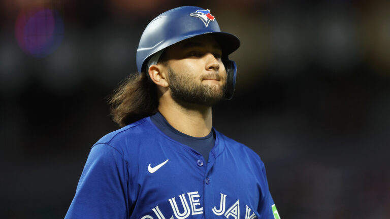 Bo Bichette of the Toronto Blue Jays looks on during the game against the San Francisco Giants at Oracle Park.