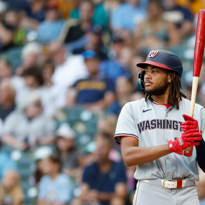 James Wood of the Washington Nationals holds a baseball bat