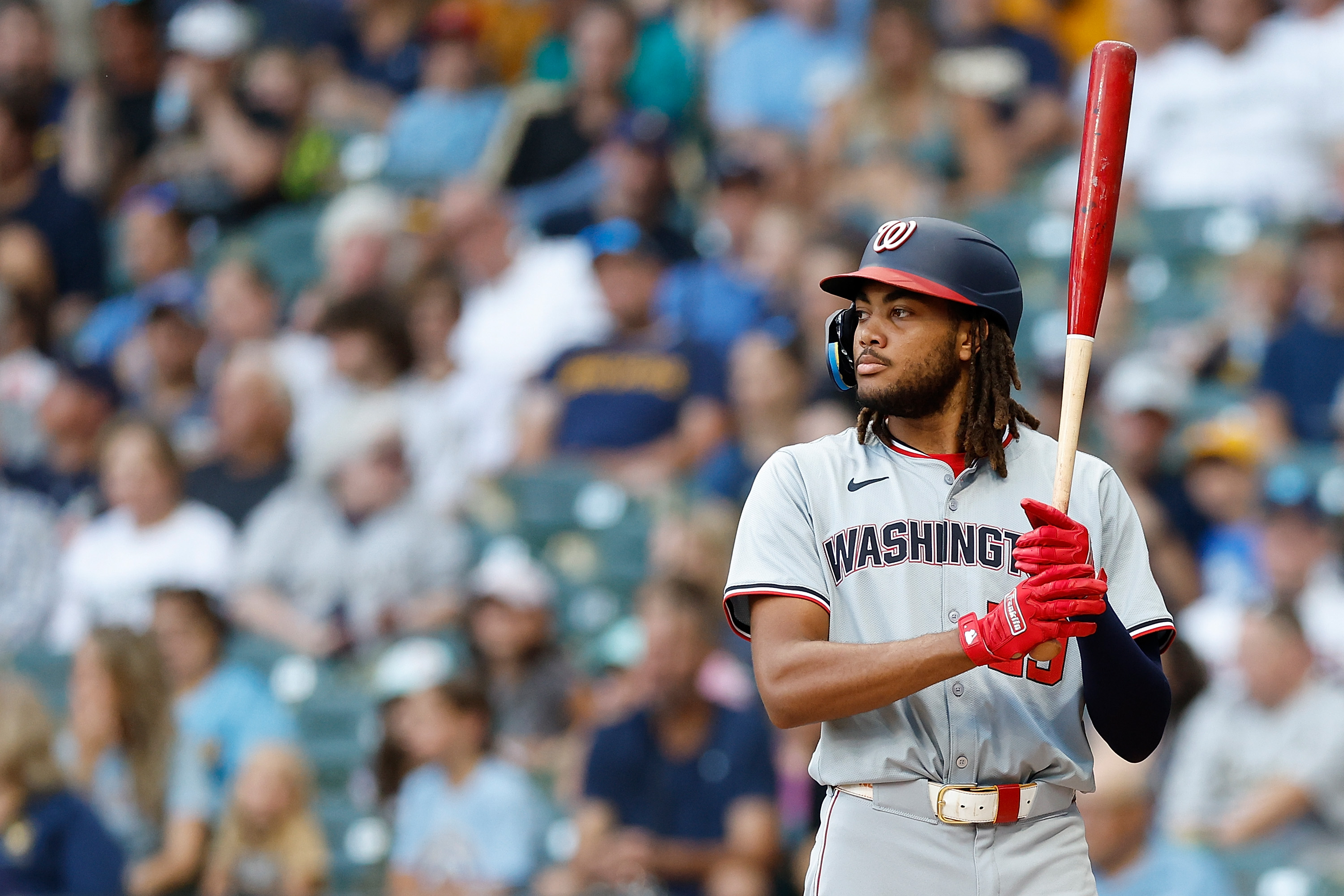 James Wood of the Washington Nationals holds a baseball bat