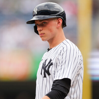 New York Yankees first base Ben Rice looks on during a game between the Tampa Bay Rays and the New York Yankees at Yankee Stadium.