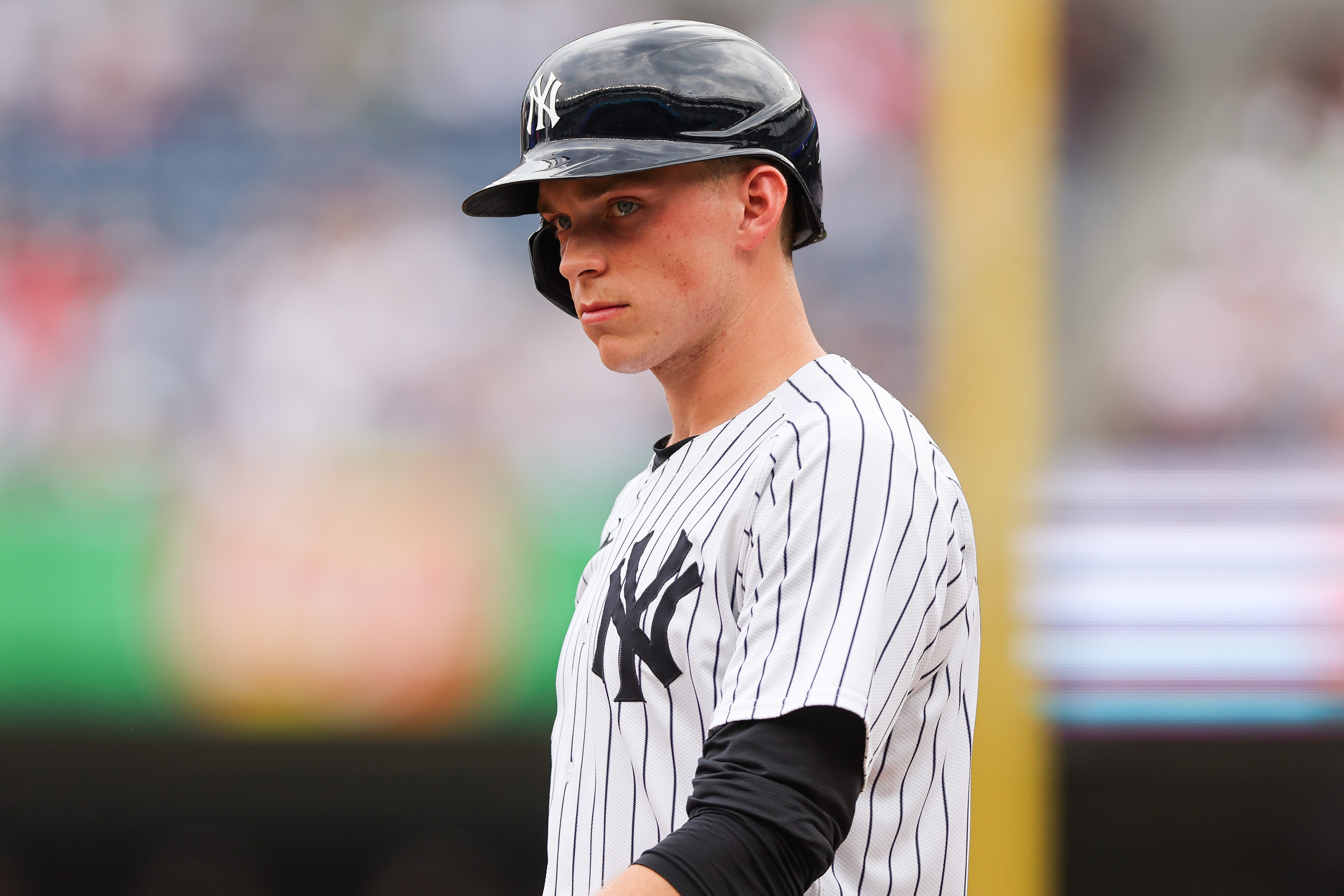 New York Yankees first base Ben Rice looks on during a game between the Tampa Bay Rays and the New York Yankees at Yankee Stadium.