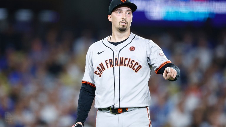 Blake Snell of the San Francisco Giants throws against the Los Angeles Dodgers in the fourth inning at Dodger Stadium.