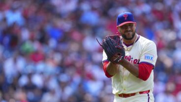 Carlos Estevez of the Philadelphia Phillies reacts in the ninth inning against the New York Yankees at Citizens Bank Park.