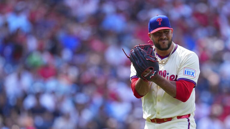 Carlos Estevez of the Philadelphia Phillies reacts in the ninth inning against the New York Yankees at Citizens Bank Park.