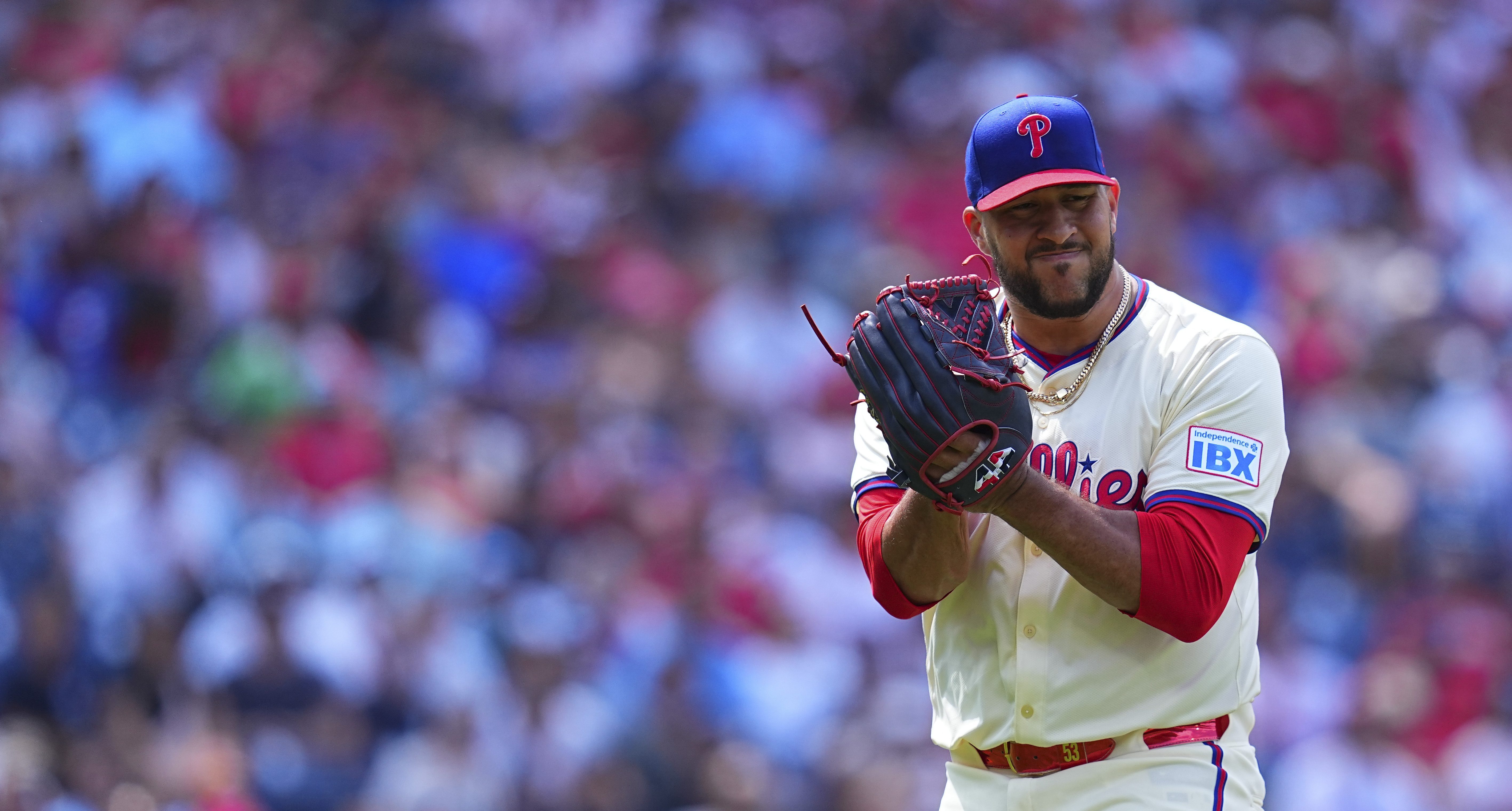 Carlos Estevez of the Philadelphia Phillies reacts in the ninth inning against the New York Yankees at Citizens Bank Park.