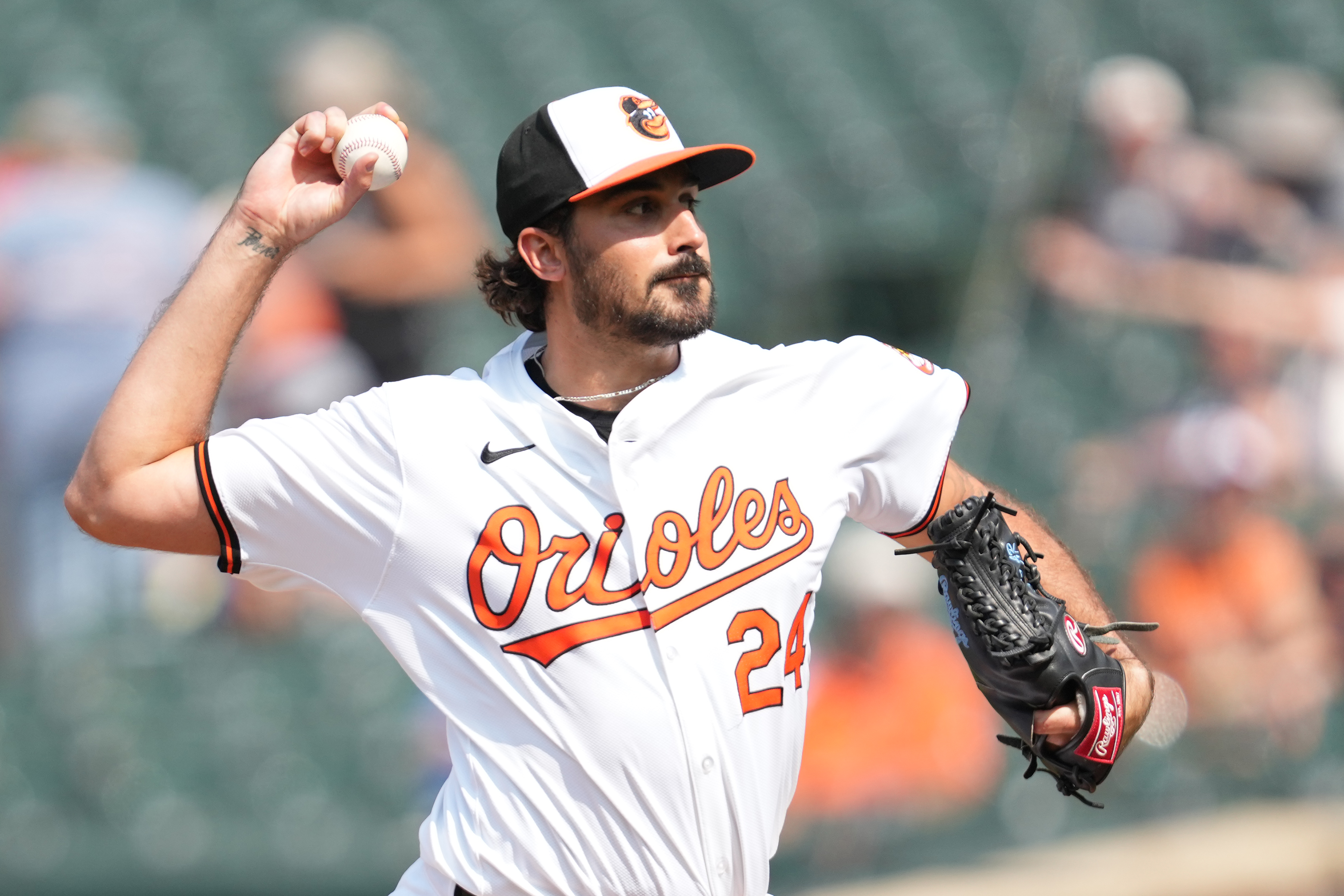 Zach Eflin of the Baltimore Orioles pitches in the second inning during game one of a doubleheader against the Toronto Blue Jays at the Oriole Park at Camden Yards.