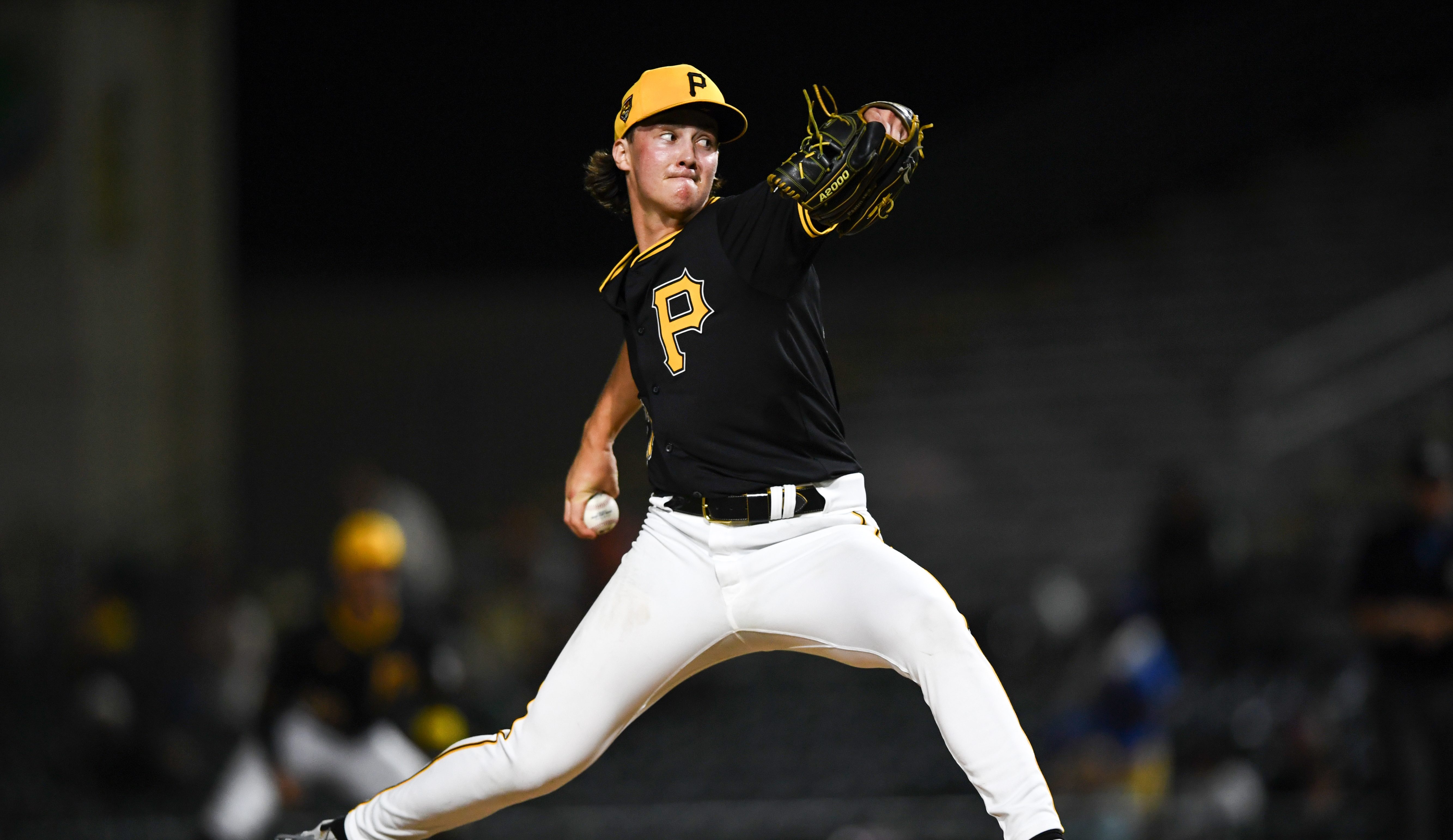 Bubba Chandler, one of the Pittsburgh Pirates' top prospects, throws a pitch during the seventh inning of a spring training Spring Breakout game against the Baltimore Orioles at LECOM Park.