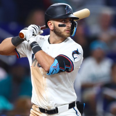 MIAMI, FLORIDA - AUGUST 19: Connor Norby #24 of the Miami Marlins at bat against the Arizona Diamondbacks during the sixth inning of the game at loanDepot park on August 19, 2024 in Miami, Florida.