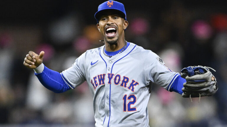 Francisco Lindor of the New York Mets celebrates after beating the San Diego Padres 8-3 in a baseball game at Petco Park.