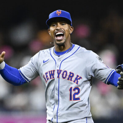 Francisco Lindor of the New York Mets celebrates after beating the San Diego Padres 8-3 in a baseball game at Petco Park.