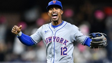 Francisco Lindor of the New York Mets celebrates after beating the San Diego Padres 8-3 in a baseball game at Petco Park.