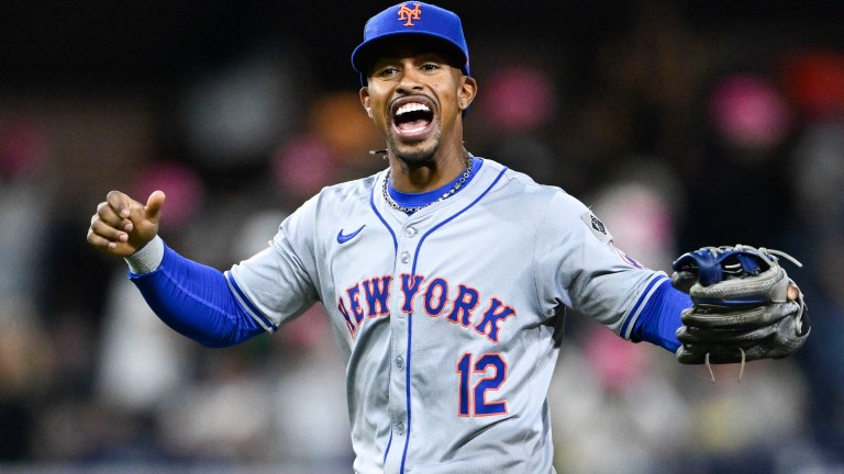 Francisco Lindor of the New York Mets celebrates after beating the San Diego Padres 8-3 in a baseball game at Petco Park.