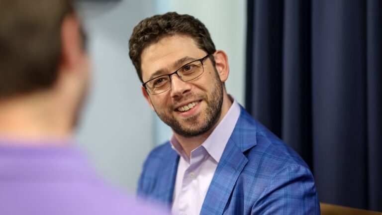 President of baseball operations Peter Bendix of the Miami Marlins speaks during the 2024 Grapefruit League Spring Training Media Day at George M. Steinbrenner Field.