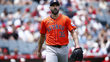 ANAHEIM, CALIFORNIA - JUNE 09: Justin Verlander #35 of the Houston Astros walks to the dugout after the third out against the Los Angeles Angels in the second inning at Angel Stadium of Anaheim on June 09, 2024 in Anaheim, California. (Photo by Ronald Martinez/Getty Images)