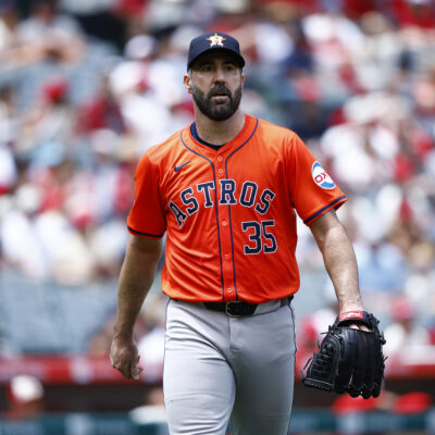 ANAHEIM, CALIFORNIA - JUNE 09: Justin Verlander #35 of the Houston Astros walks to the dugout after the third out against the Los Angeles Angels in the second inning at Angel Stadium of Anaheim on June 09, 2024 in Anaheim, California. (Photo by Ronald Martinez/Getty Images)