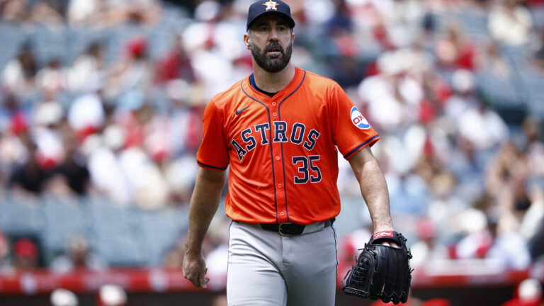 ANAHEIM, CALIFORNIA - JUNE 09: Justin Verlander #35 of the Houston Astros walks to the dugout after the third out against the Los Angeles Angels in the second inning at Angel Stadium of Anaheim on June 09, 2024 in Anaheim, California. (Photo by Ronald Martinez/Getty Images)
