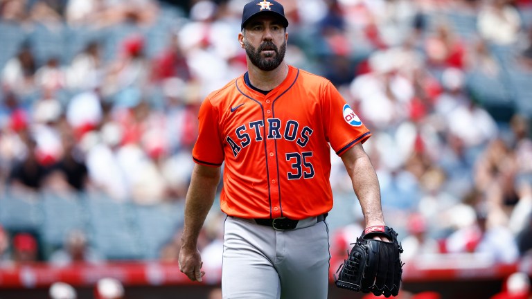 ANAHEIM, CALIFORNIA - JUNE 09: Justin Verlander #35 of the Houston Astros walks to the dugout after the third out against the Los Angeles Angels in the second inning at Angel Stadium of Anaheim on June 09, 2024 in Anaheim, California. (Photo by Ronald Martinez/Getty Images)