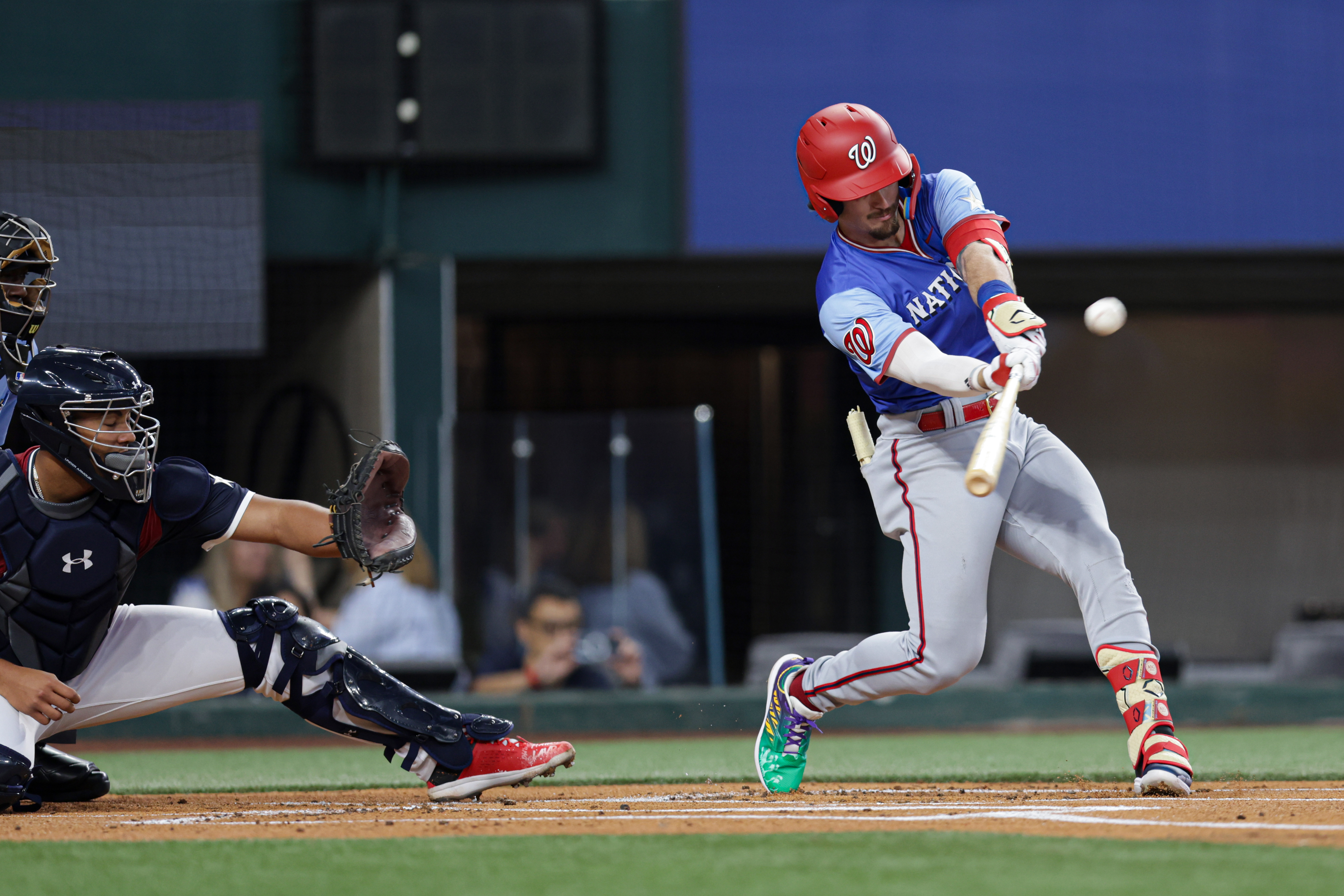 Top prospect Dylan Crews of the Washington Nationals bats during the 2024 All-Star Futures Game at Globe Life Field.