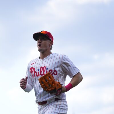 Austin Hays of the Philadelphia Phillies makes his way to the dugout against the Cleveland Guardians at Citizens Bank Park.