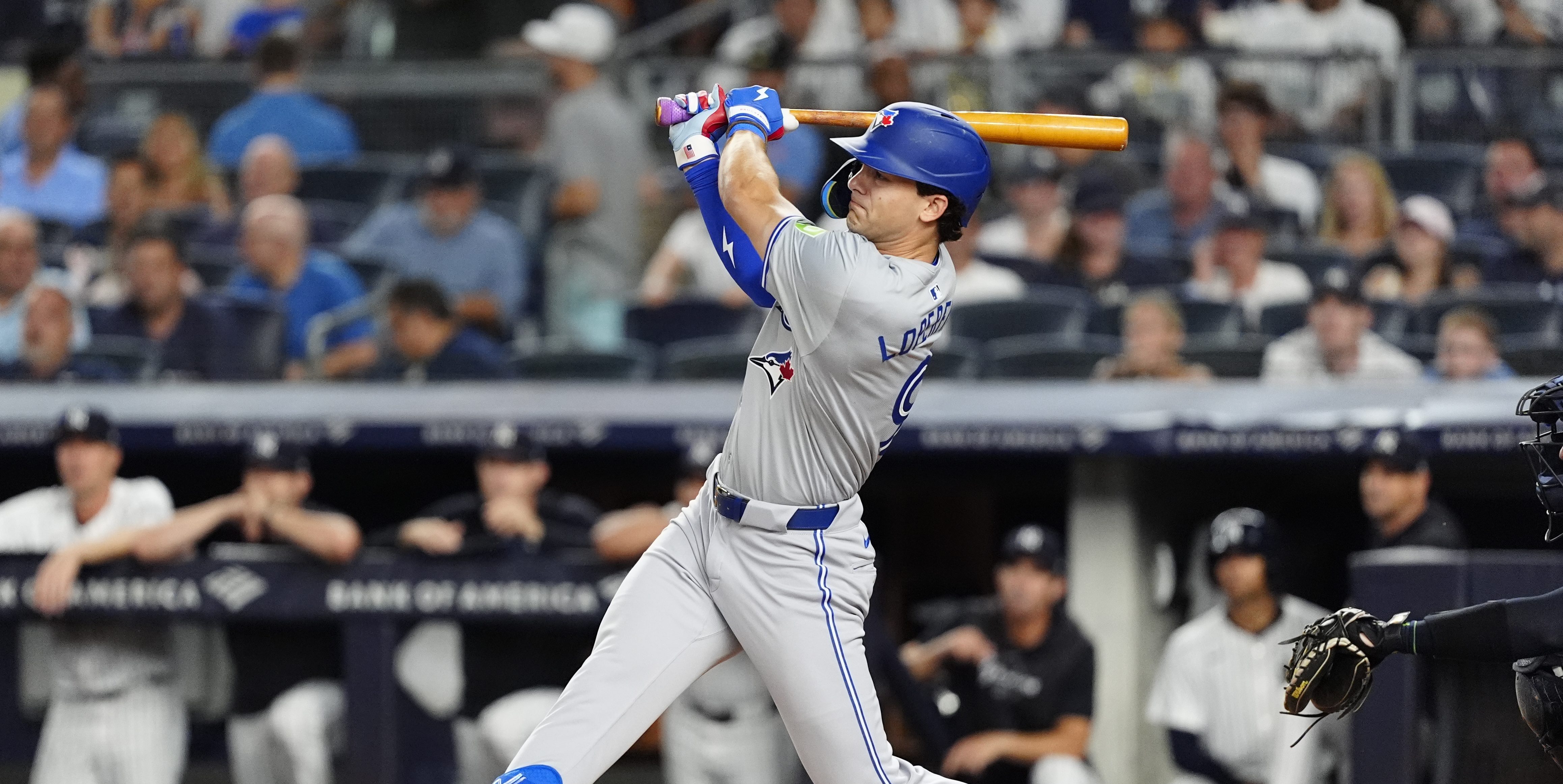 Toronto Blue Jays Left Fielder Joey Loperfido (9) hits a triple during the first inning of the Major League Baseball game between the Toronto Blue Jays and New York Yankees at Yankee Stadium.