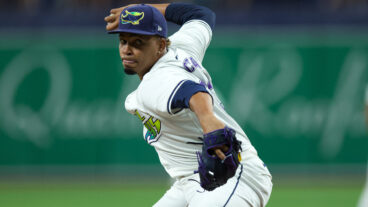 Edwin Uceta comes out of the Rays bullpen and throws a pitch against the Baltimore Orioles.