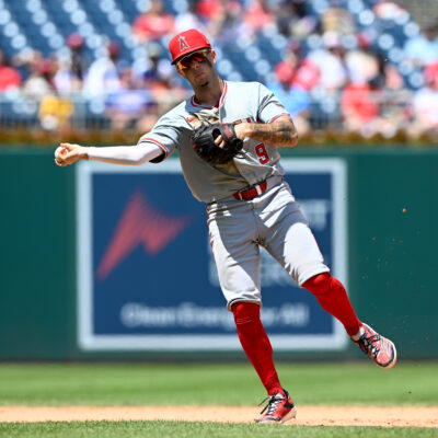Angels shortstop Zach Neto makes a play on defense.