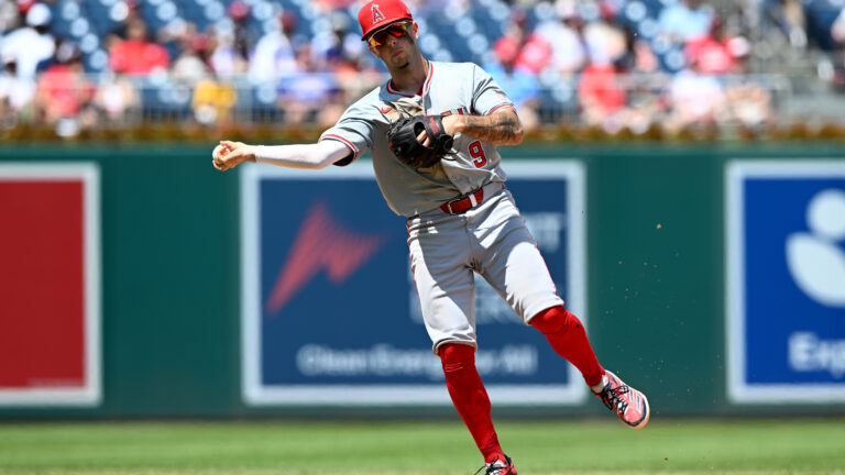Angels shortstop Zach Neto makes a play on defense.