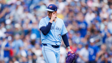Bowden Francis of the Toronto Blue Jays walking off the mound.