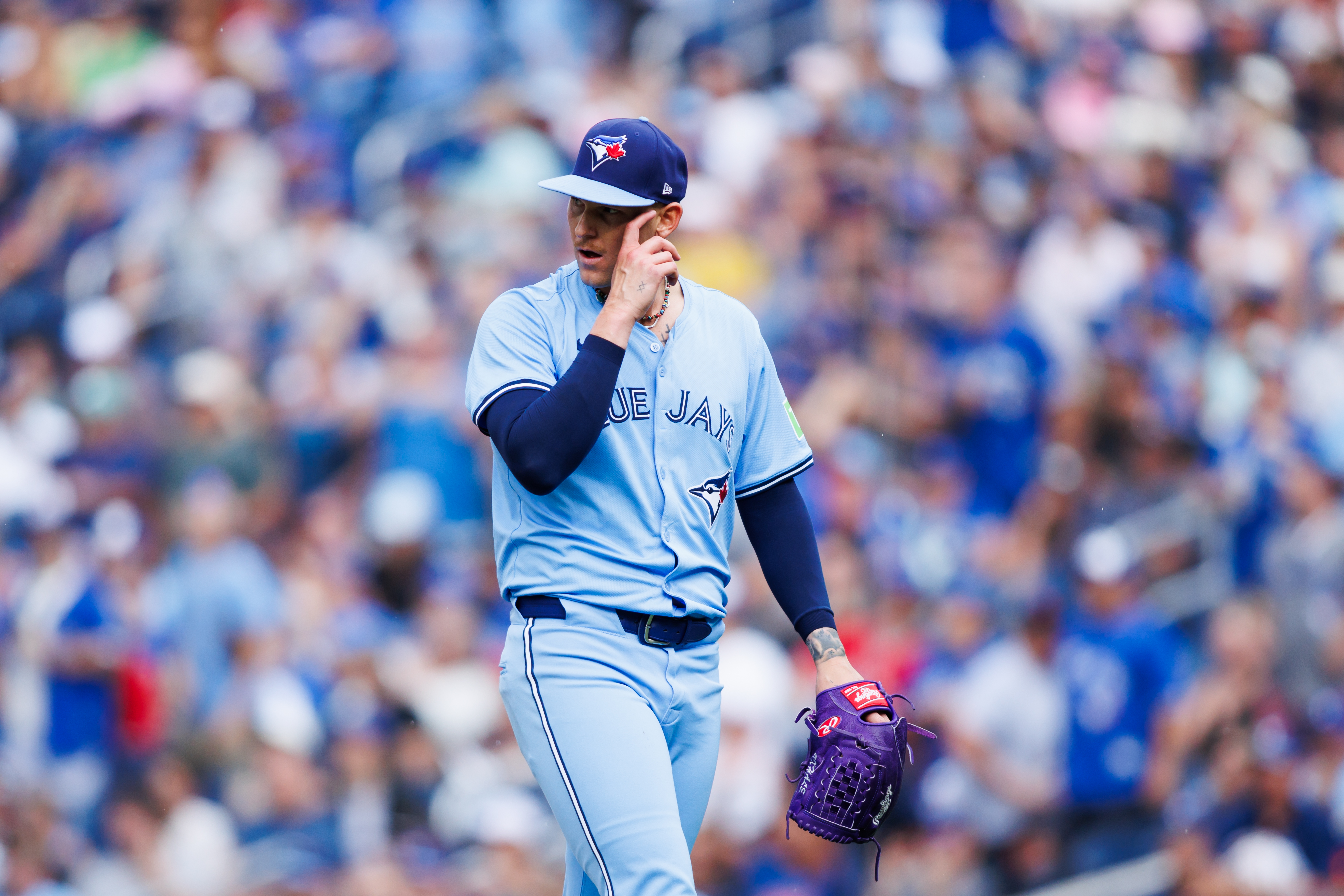 Bowden Francis of the Toronto Blue Jays walking off the mound.
