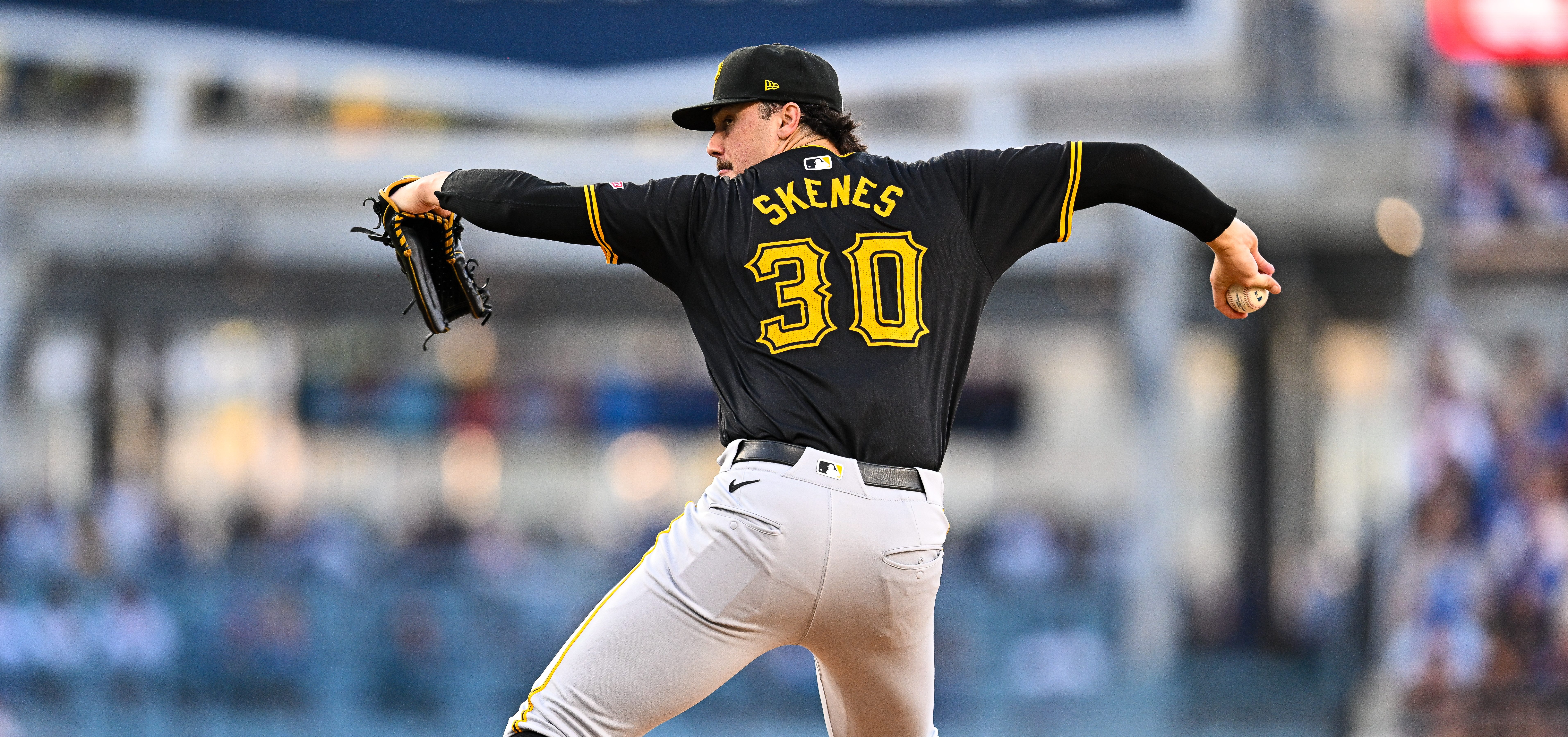 Paul Skenes of the Pittsburgh Pirates pitches in the bottom of the second inning during the regular season game against the Los Angeles Dodgers.