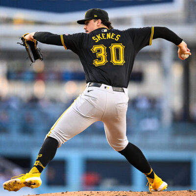 Paul Skenes of the Pittsburgh Pirates pitches in the bottom of the second inning during the regular season game against the Los Angeles Dodgers.