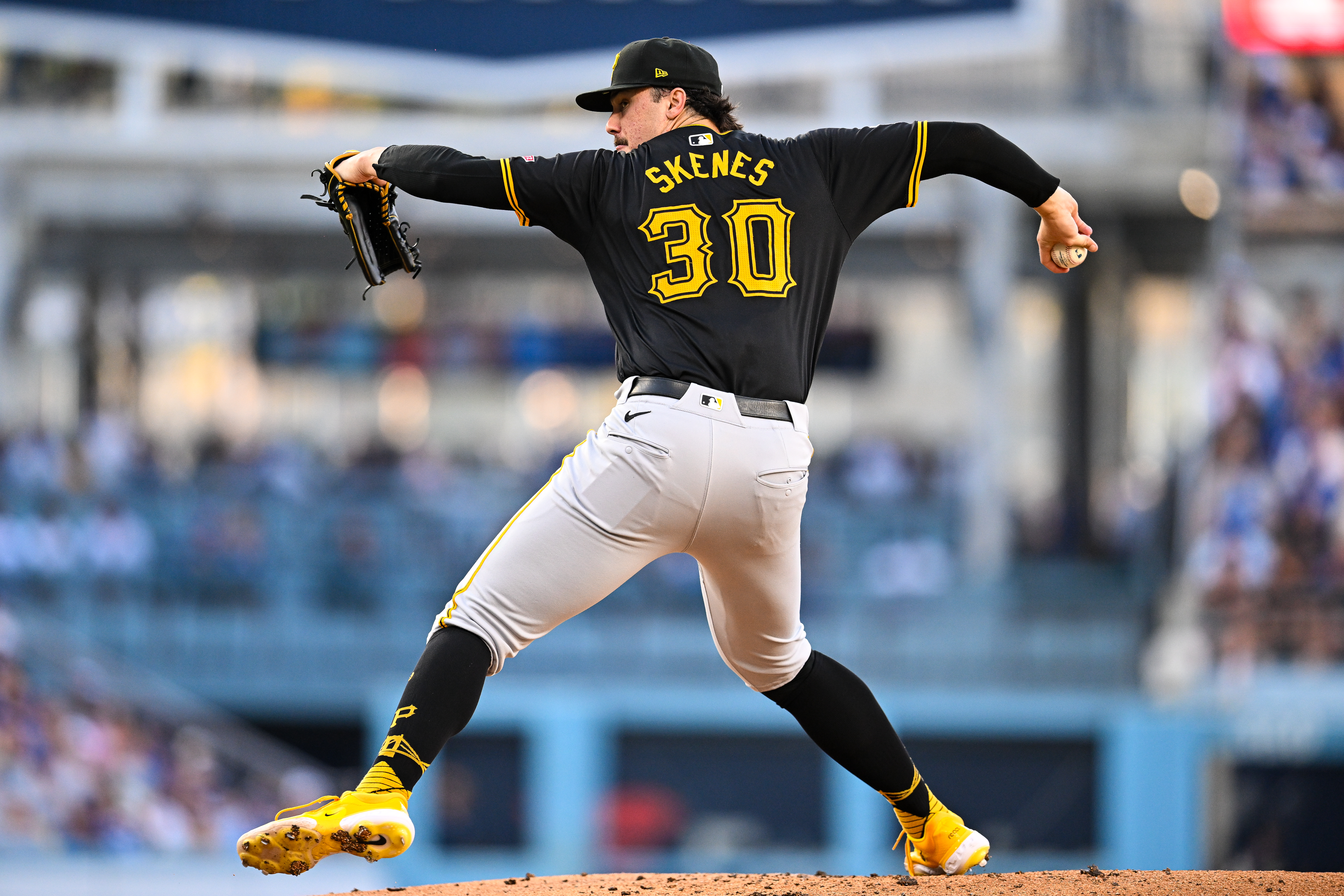 Paul Skenes of the Pittsburgh Pirates pitches in the bottom of the second inning during the regular season game against the Los Angeles Dodgers.