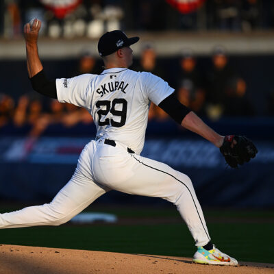 Tarik Skubal of the Detroit Tigers pitches during the first inning against the New York Yankees at Bowman Field.