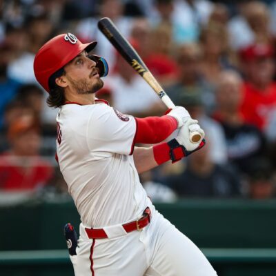 Dylan Crews of the Washington Nationals flies out in his major league debut against the New York Yankees in the first inning at Nationals Park.