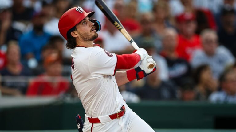 Dylan Crews of the Washington Nationals flies out in his major league debut against the New York Yankees in the first inning at Nationals Park.