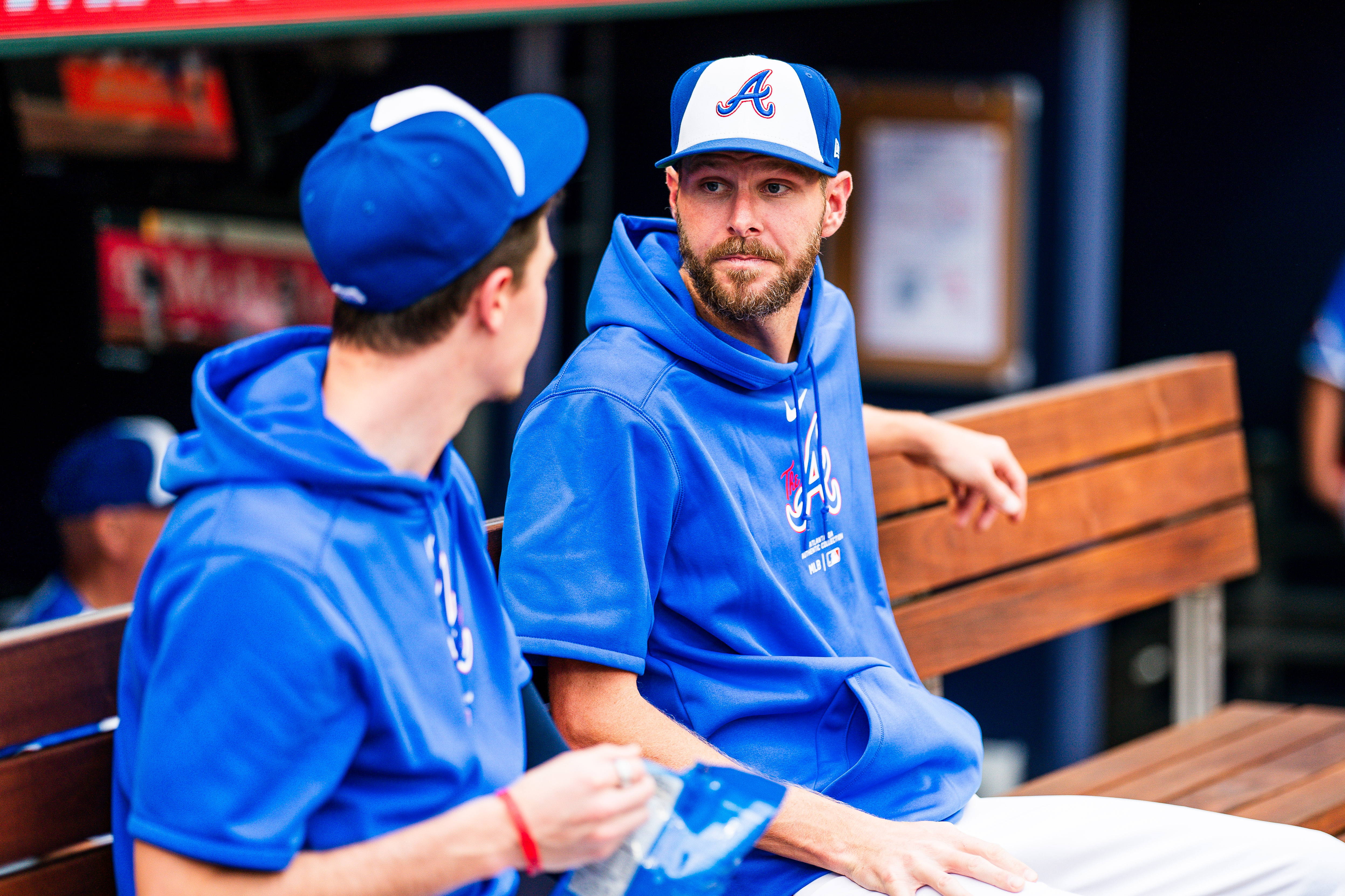ATLANTA, GA - APRIL 20: Chris Sale #51 of Atlanta Braves talks with Max Fried #54 before the game against the Texas Rangers at Truist Park on April 20, 2024 in Atlanta, Georgia. (Photo by Kevin D. Liles/Atlanta Braves/Getty Images)