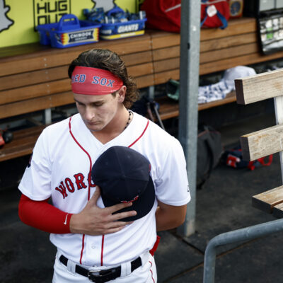 Worcester Red Sox outfielder Roman Anthony stands for the playing of the national anthem before his first game at Polar Park.